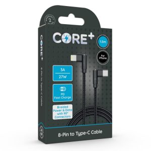 CORE+ 8-Pin to Type-C 90° Cable 1.5m Braided Black 3A/27W