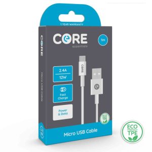 Core Micro USB Cable 1m TPE White 2.4A/12W Fast Charge