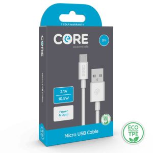 Core Micro USB Cable 2m TPE White 2.1A/10.5W